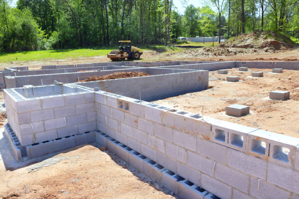 CMU foundation wall layout across a concrete building site